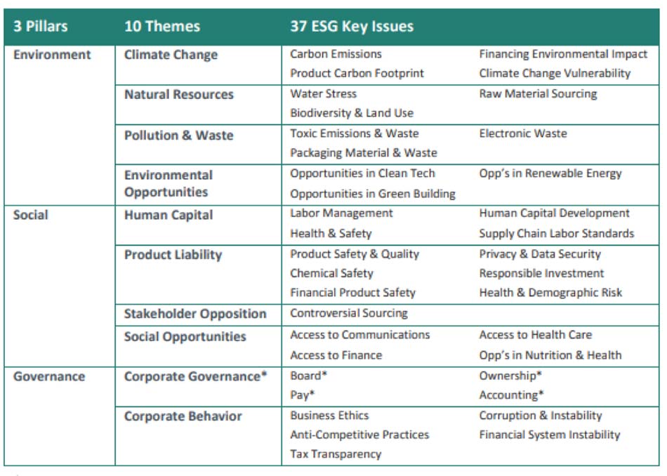 ESG Factors and Issues table